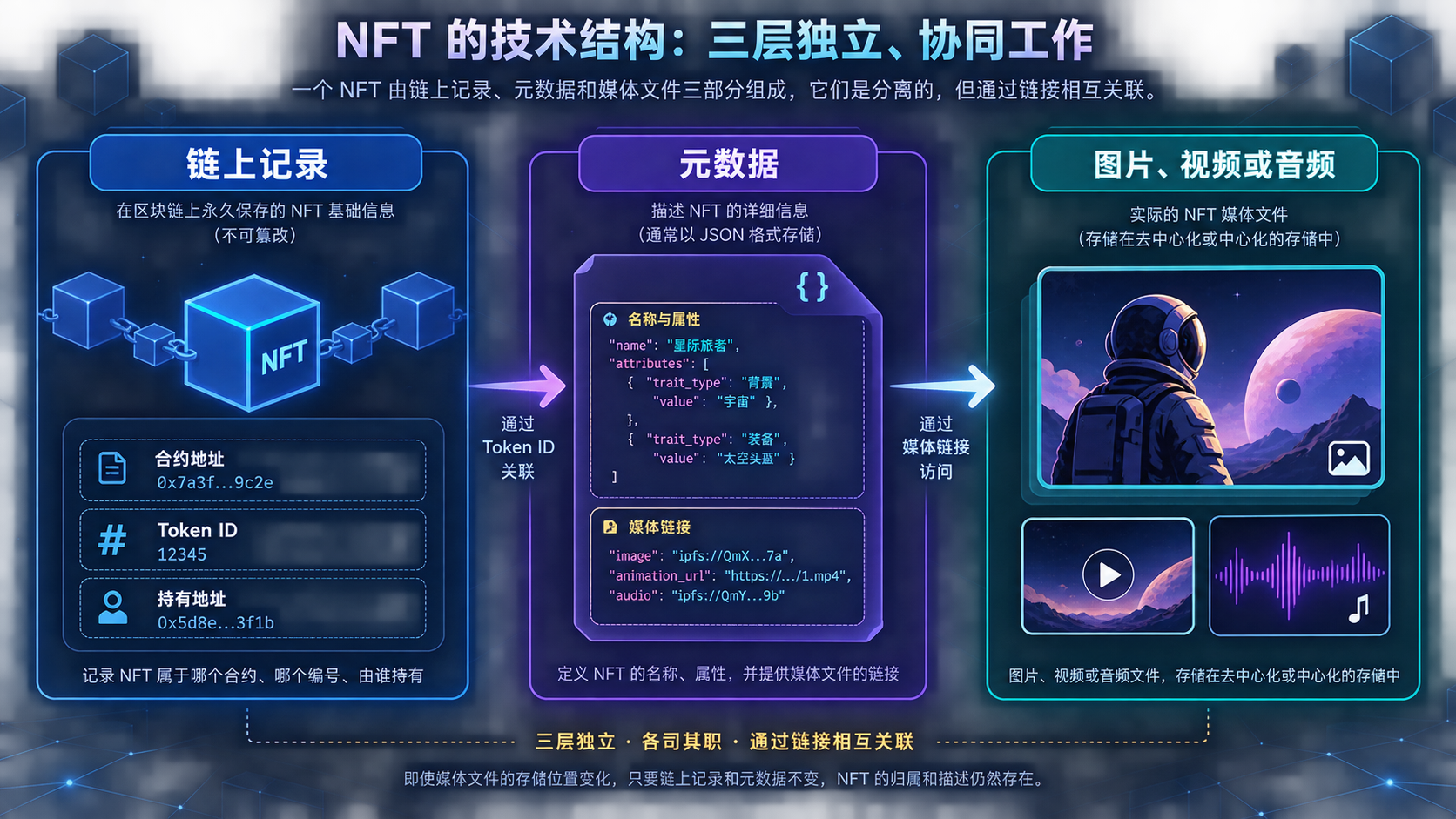 NFT 的链上记录、元数据与媒体文件
